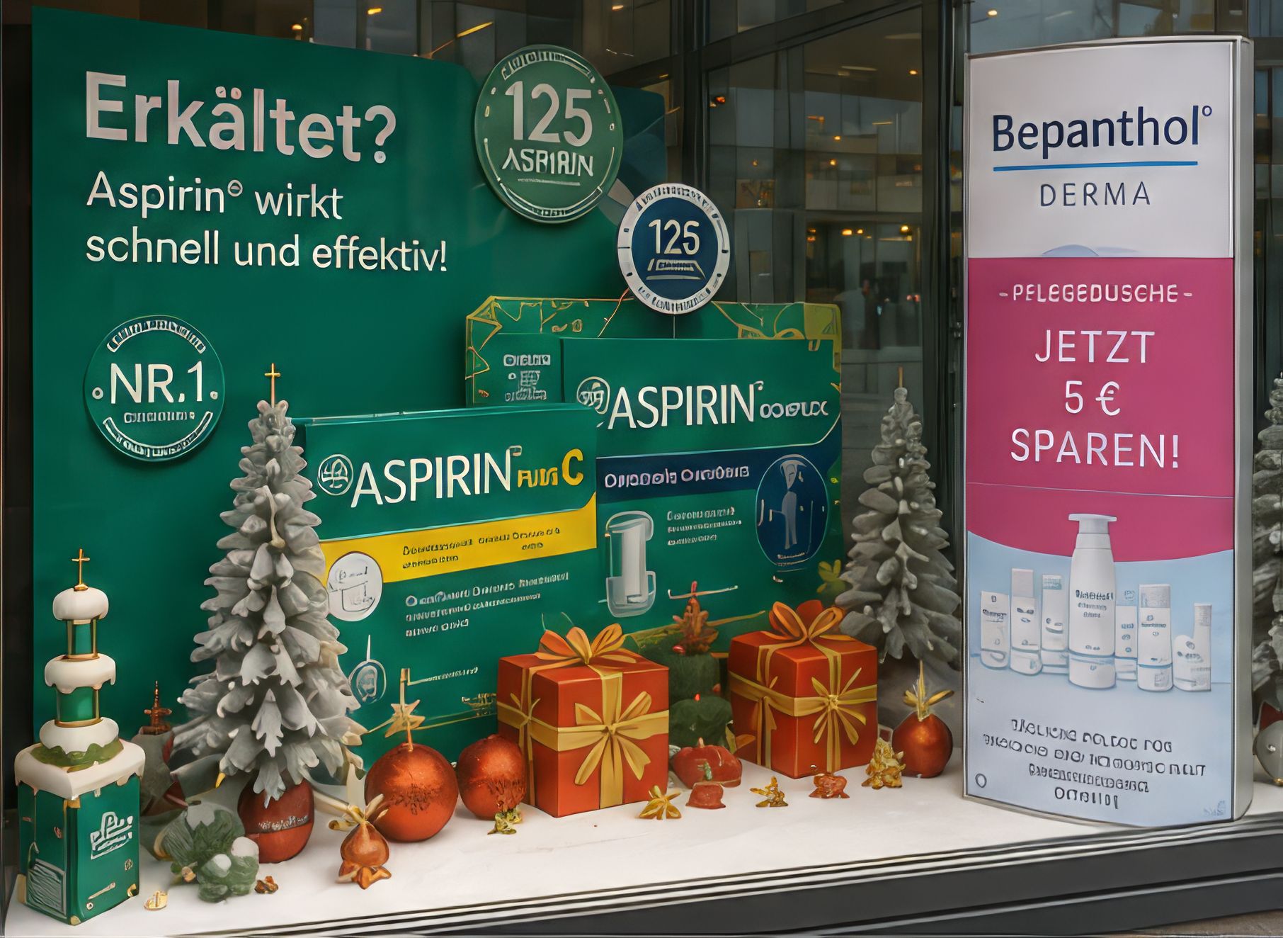 Schaufenster einer Apotheke mit großflächiger Aspirin- und Bepanthol-Werbung, dekoriert mit Weihnachtsbäumen, Geschenkpaketen und Christbaumkugeln.